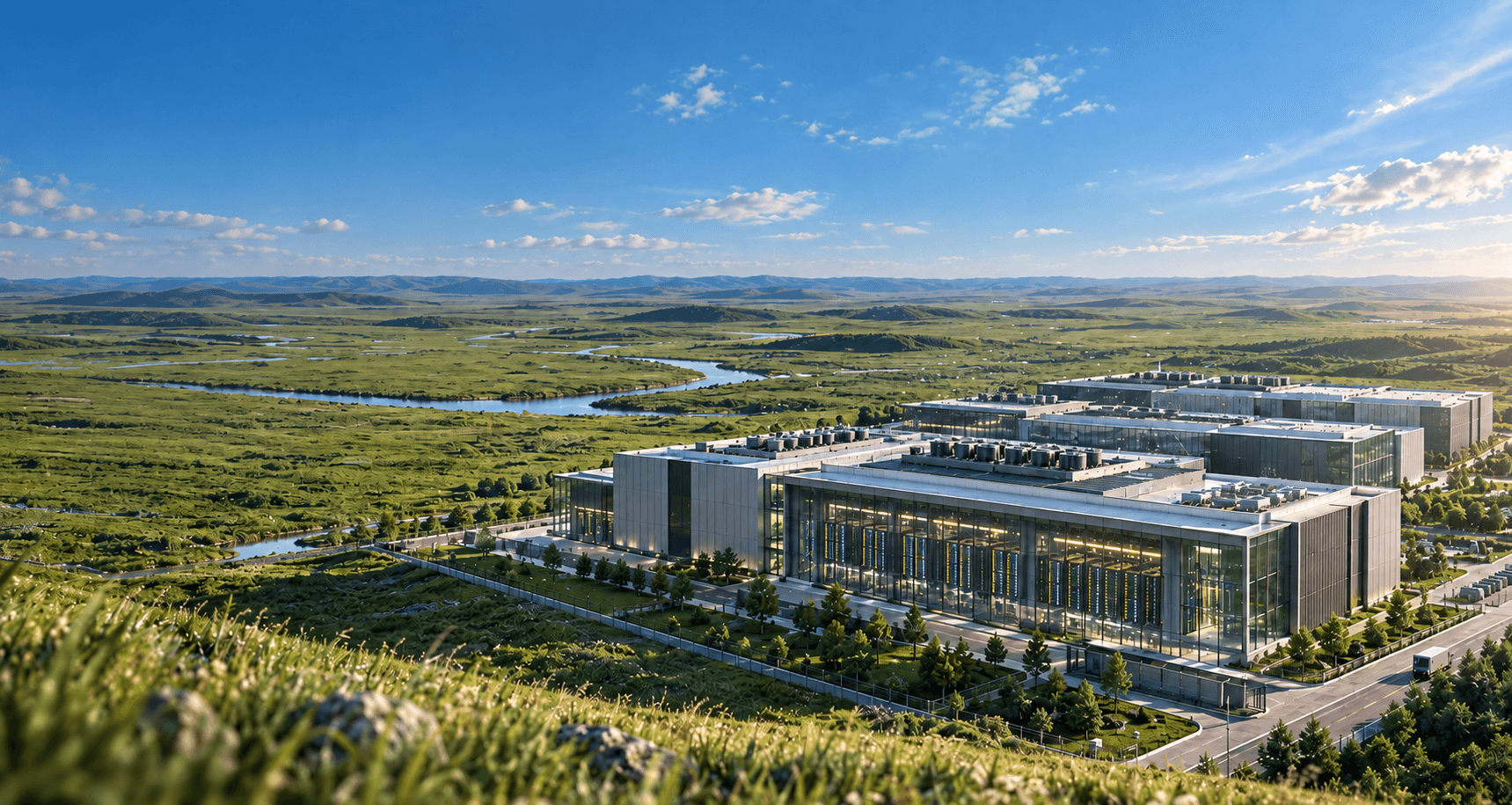Concept landscape: an Inner Mongolian grassland data center and an animated AI model network